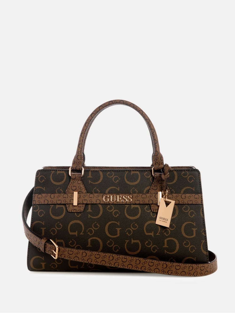 GUESS Brown Monogram Satchel with Gold Logo